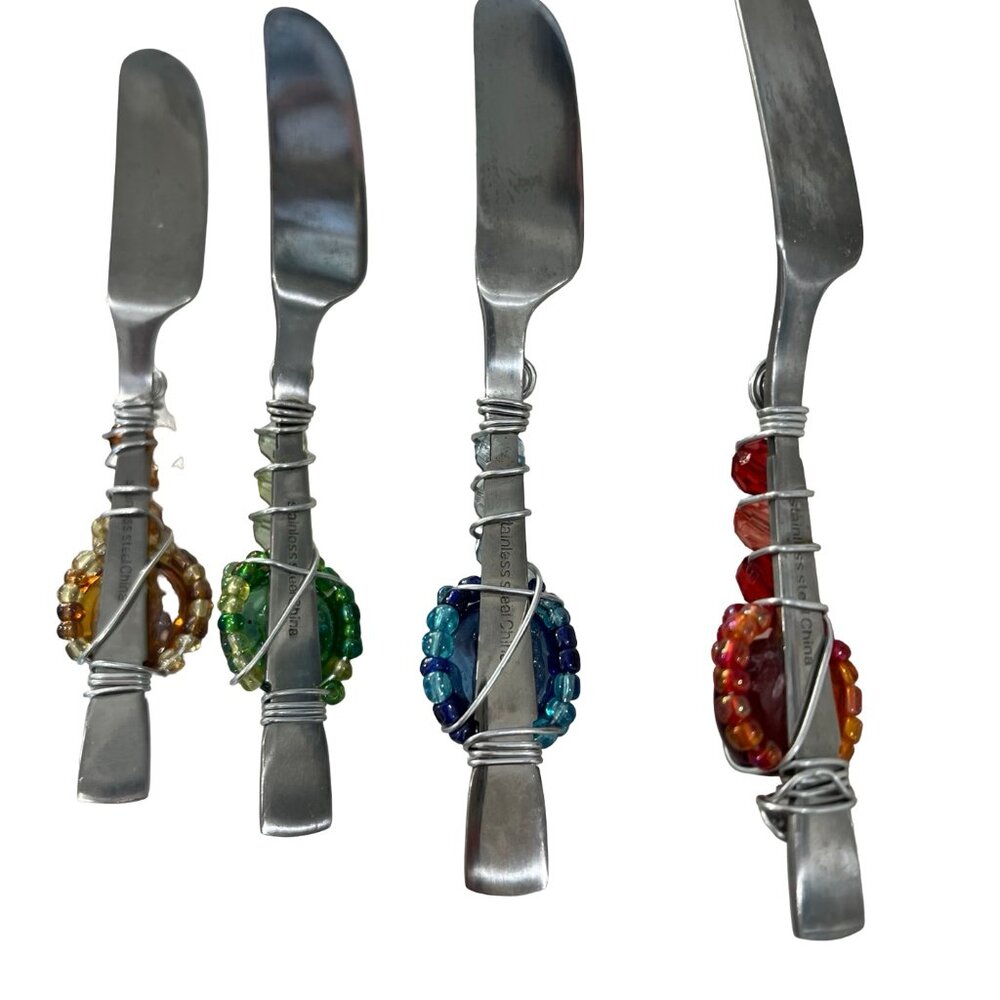 Set of 4 Beaded Cheese Spreader - Wire Wrapped Stainless Steel Butter Knife V vi - Picture 7 of 8
